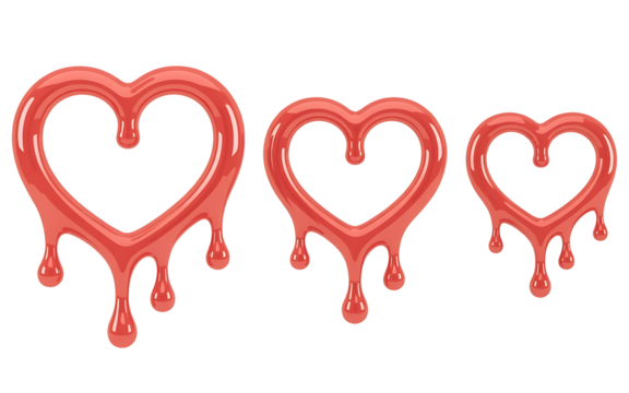 Three red dripping heart shapes with glossy texture isolated on transparent background
