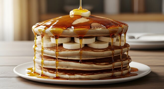 Delicious pancakes banana syrup breakfast food sweet dessert stack plate treat yummy tasty morning delight