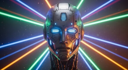 Futuristic robot head with neon lights artificial intelligence technology cybernetic design innovation concept