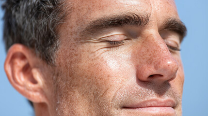 Obraz premium Close up of relaxed man with closed eyes, sunlight highlighting facial features, natural skin texture, peaceful outdoor moment, serene expression, healthy lifestyle