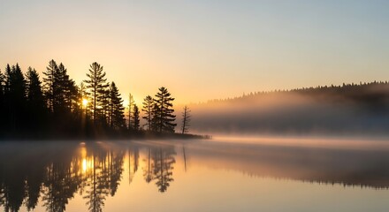 A serene sunrise illuminates a misty lake, casting long shadows across trees on the shoreline. Fog blankets distant hills in the early morning light