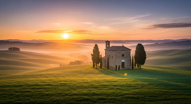 A serene sunrise bathes a rural chapel in golden light, with rolling hills and misty valleys enhancing the tranquil scene