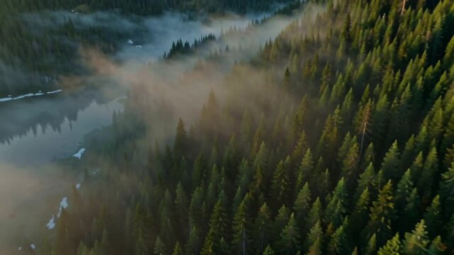 Drone Aerial view of foggy rainforest. Flight over of jungle. Majestic landscape panorama Nature landscape footage. Fir-tree and Spruse trees in forest on sunset. Over Wilderness wildlife