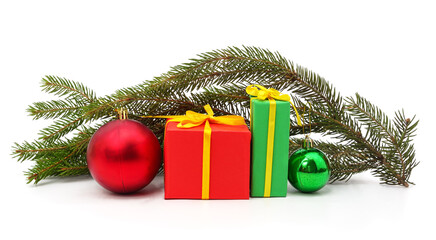 Christmas fir branch with decorations and gift boxes.