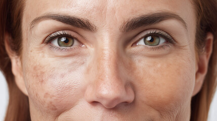 Close up face showing dry patches, hydrated zones, uneven skin tone, visible pores, and natural texture, highlighting skincare concerns and healthy skin contrast