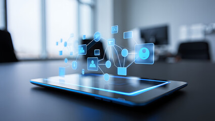 Futuristic holographic interface projecting digital icons and data from a modern smartphone on a table in a blurred office setting