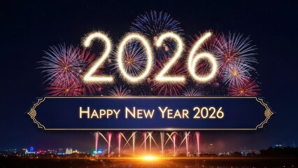 Celebrating the new year 2026 with fireworks and festive greetings in a night sky