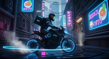 Futuristic Motorcycle Courier Navigating Neon City Streets at Night.