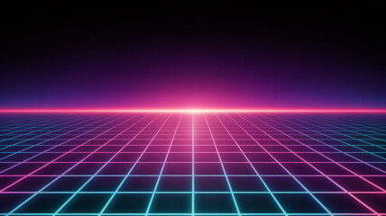 Retro futuristic neon grid horizon with glowing light