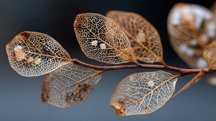Fototapeta premium Delicate Skeleton Leaves on Twig with Soft Focus Background
