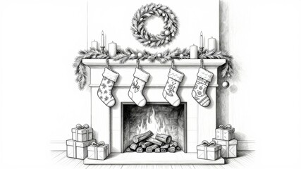 A coloring book of a cozy christmas fireplace scene with stockings and wreath for festive decor and holiday greeting card design