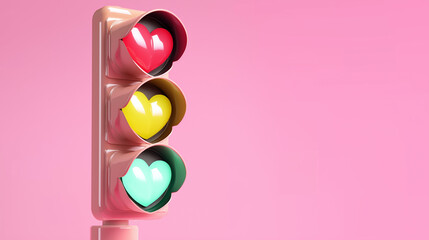 A pink traffic light with three heart-shaped lights&mdash;red, yellow, and green&mdash;set against ample blank space, making it perfect for a Valentine&rsquo;s Day gift card design.