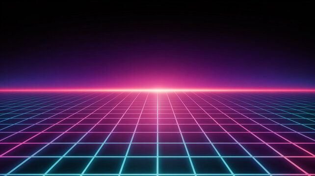 Retro futuristic neon grid horizon with glowing light