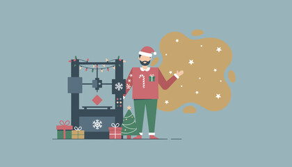 Bearded man in ugly sweater uses 3D printer for holiday creation