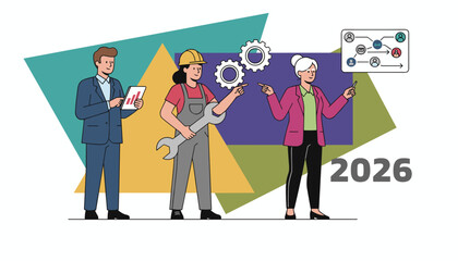 Diverse team planning strategy for 2026 combining industry finance and system management