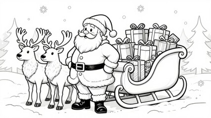 Obraz premium A coloring book of a christmas cheer with jolly santa, reindeer, and gifts sleigh in winter wonderland scene for holiday coloring activity