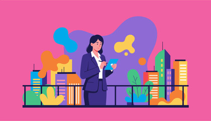 A businesswoman uses a tablet on a rooftop with a vibrant abstract cityscape view