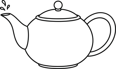Classic Black and White Outline Vector Illustration of a Traditional Teapot with Steaming Hot Water
