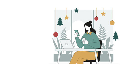 Woman multitasking with two smartphones and laptop at a festive desk illustrating remote work during the holidays
