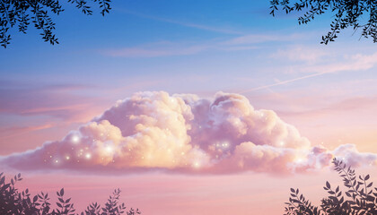 Beautiful summer sunset over the mountains with bright blue sky and white clouds