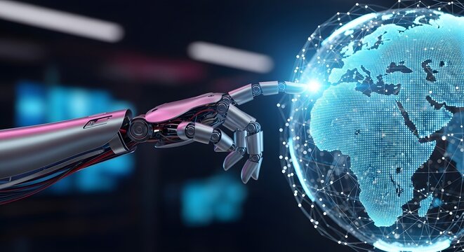 Robot hand touching digital globe ai technology artificial intelligence automation future world network - Powered by Adobe