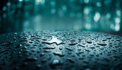 Blue abstract macro closeup of fresh rain drops, water droplets, and bubbles on a wet glass surface texture with light reflection