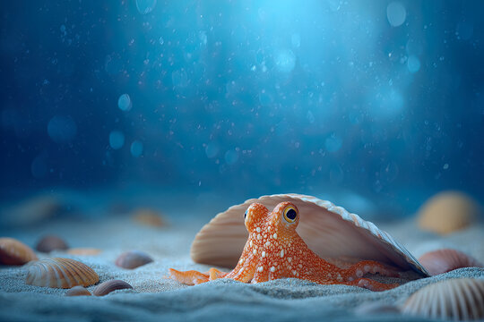 Orange octopus hiding under seashell in underwater scene with soft bokeh and sandy texture