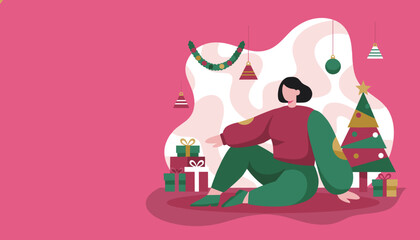 Woman sitting by Christmas tree and gifts Flat vector holiday celebration illustration