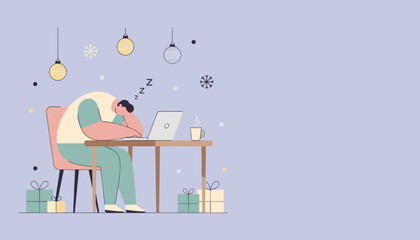 Holiday work burnout Tired employee sleeping at desk with laptop and Christmas decorations