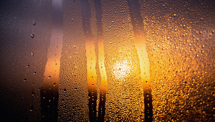 Gold abstract texture of cold champagne drops and bubbles on wet glass, like golden rain