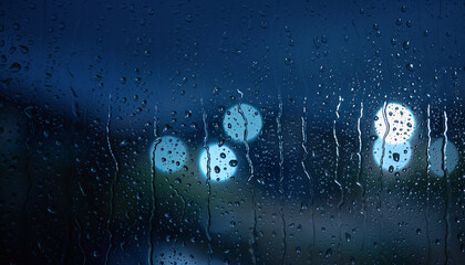 Night blue raindrops texture on glass with bright color pattern