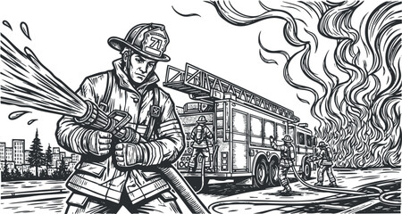 A firefighter using a water hose to combat flames with a fire truck in black and white vector illustration, suitable for emergency services branding
