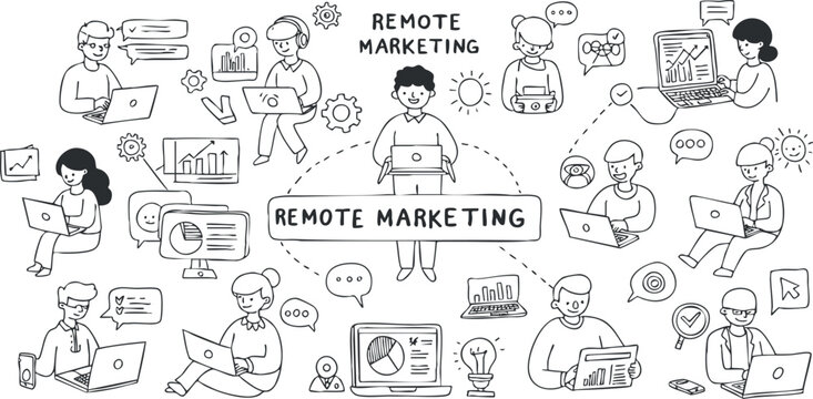 A collection of remote marketing concepts illustrated in a flat hand-drawn vector style, ideal for digital marketing projects
