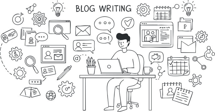 A person writing a blog in a minimalist outline vector style, surrounded by icons related to writing, communication, and digital marketing, suitable for content creation and digital marketing projects