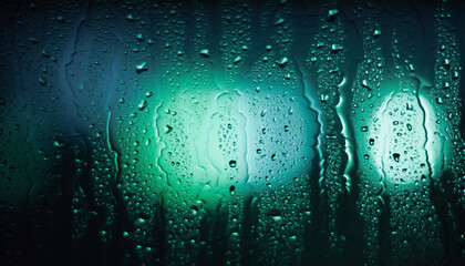 Rain drops on a wet glass window create an abstract blue texture of liquid condensation droplets
