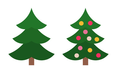 Christmas trees natural and decorated icons. Holidays design elements. PNG illustration on transparent background