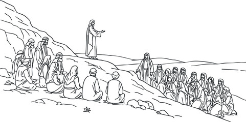 A biblical scene depicting Jesus teaching a crowd of followers in a black and white outline illustration, ideal for religious publications and educational materials