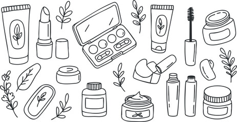 Fototapeta premium A collection of beauty and skincare products including lipsticks, eyeshadows, and creams in a minimalist line art vector style, perfect for cosmetic branding and packaging