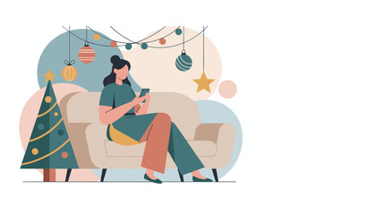 Woman relaxes on the sofa using a smartphone near a festive Christmas tree