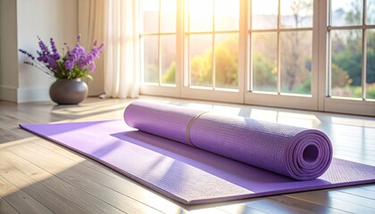Purple Yoga Mat Unrolled on Wooden Floor by Large Window with Sunlight and Lavender Plant