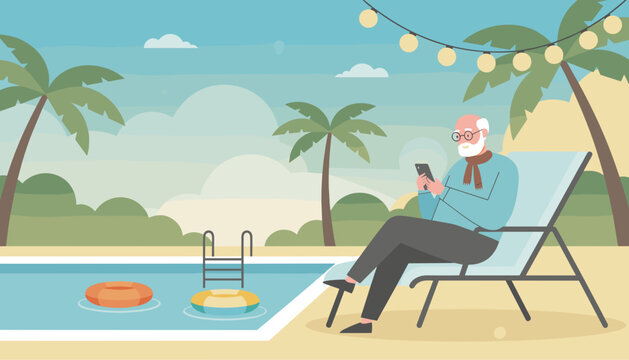 Elderly man uses a mobile phone while sunbathing by a resort swimming pool Retirement and travel concept