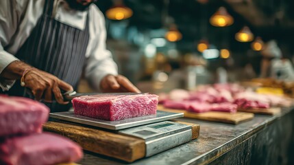 Fresh Meat Being Weighed by Butcher in Rustic Market Setting