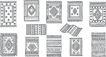 A collection of hand-drawn tribal patterns and geometric designs in black and white vector style, suitable for textile and interior design projects