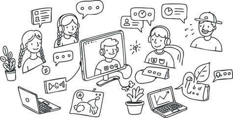 A collection of characters engaging in online communication with laptops and chat bubbles in minimalist outline vector style, ideal for digital collaboration projects