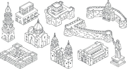 A collection of historic architectural landmarks including castles, cathedrals, and towers in detailed black and white outline vector style, ideal for travel and tourism design projects