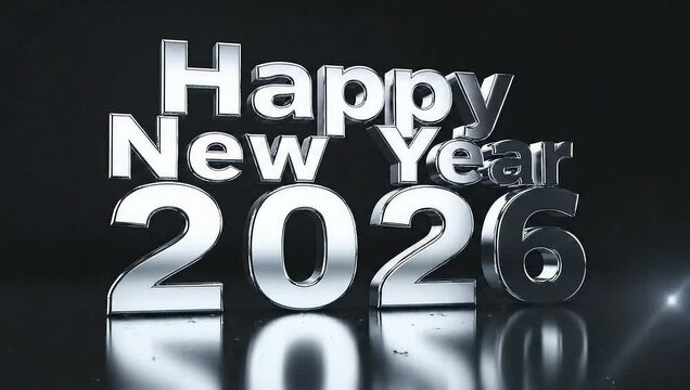 Gleaming silver text announces Happy New Year 2026 with reflective surface and subtle light effects