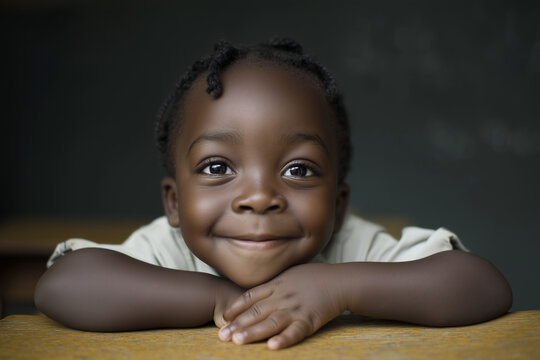 Smiling African child leaning on desk