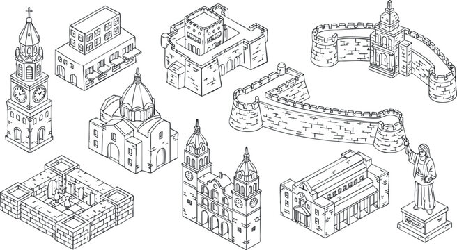 A collection of historic architectural landmarks including castles, cathedrals, and towers in detailed black and white outline vector style, ideal for travel and tourism design projects