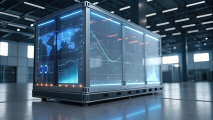 A futuristic data container with digital displays showcasing graphs and world maps, set in a modern industrial environment.
