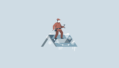Illustration of a maintenance worker on a snowy roof performing winter repair with tools